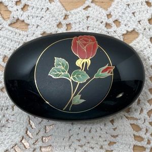 Otagiri Crimson Rose Black Gold Vtg Oval Porcelain 3" Trinket Dish w/ Lid Japan